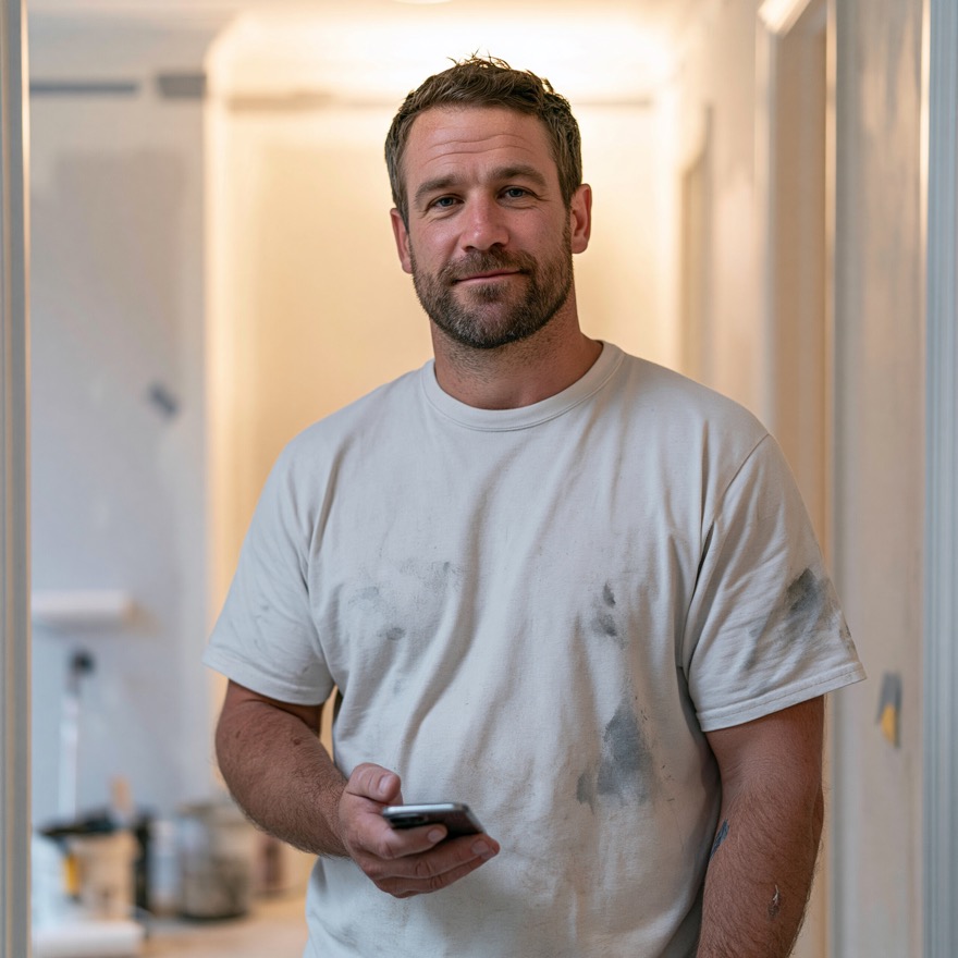 Peintre en bâtiment sur un chantier, téléphone en main